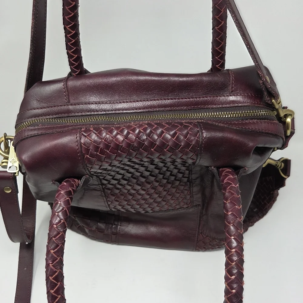 Patricia Nash Paloma Burgundy Patchwork Woven Leather Satchel Detachable Strap